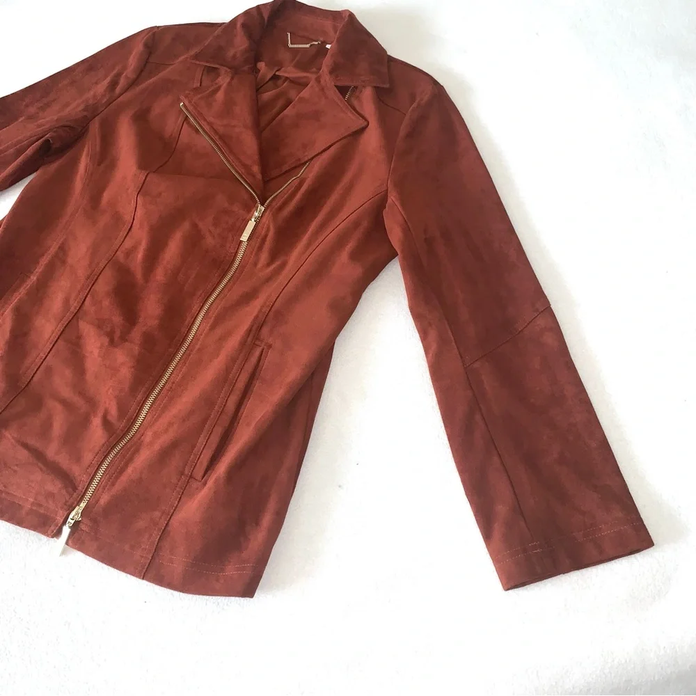 CHICO’S Faux Suede Long Double-Zip Moto Jacket Whiskey color size 2X GORGEOUS - Picture 8 of 16